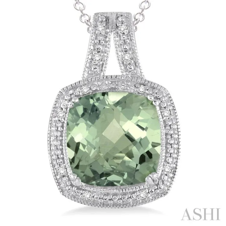 10x10 mm Cushion Cut Green Amethyst and 1/20 ctw Single Cut Diamond Pendant in Sterling Silver with Chain