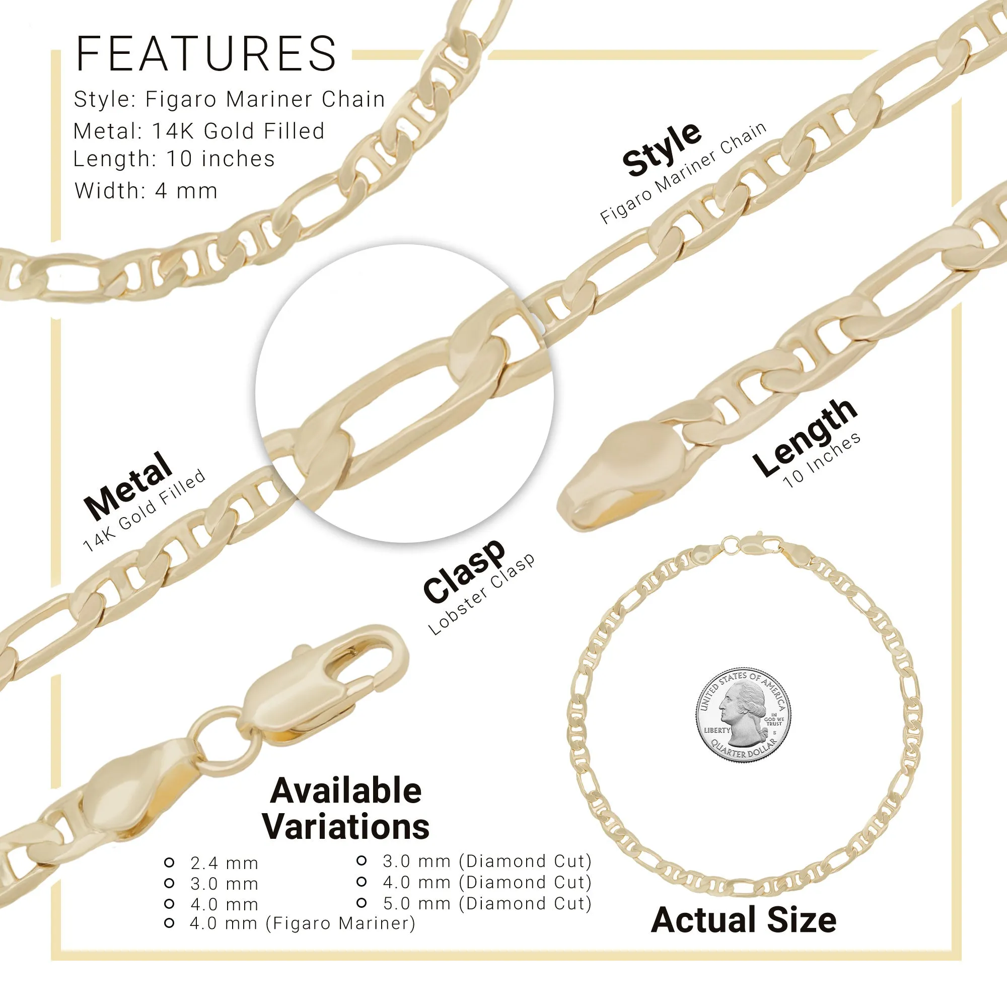 14K Gold Filled Anklet Figaro Mariner Chain Foot Bracelet Anklet Fashion Jewelry for Women Girls Length 10''