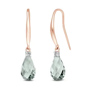 14K Solid Rose Gold Fish Hook Earrings w/ Diamonds&Green Amethyst