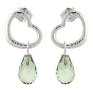 14K Solid White Gold Heart Earrings w/ Dangling Natural Green Amethysts