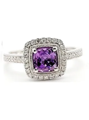 14k White Gold 0.60 Ct Amethyst, 0.15 Ct Diamond Ring