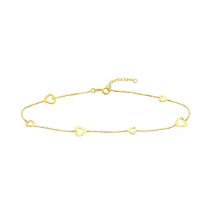 14K Yellow Gold Sideways Open Hearts Adjustable Anklet