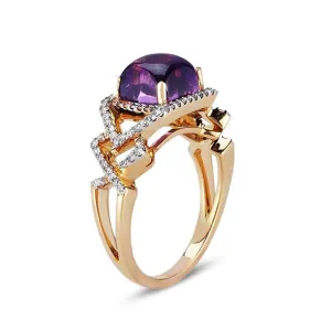 18K Rose Gold Ring With Diamonds And Center Amethyst