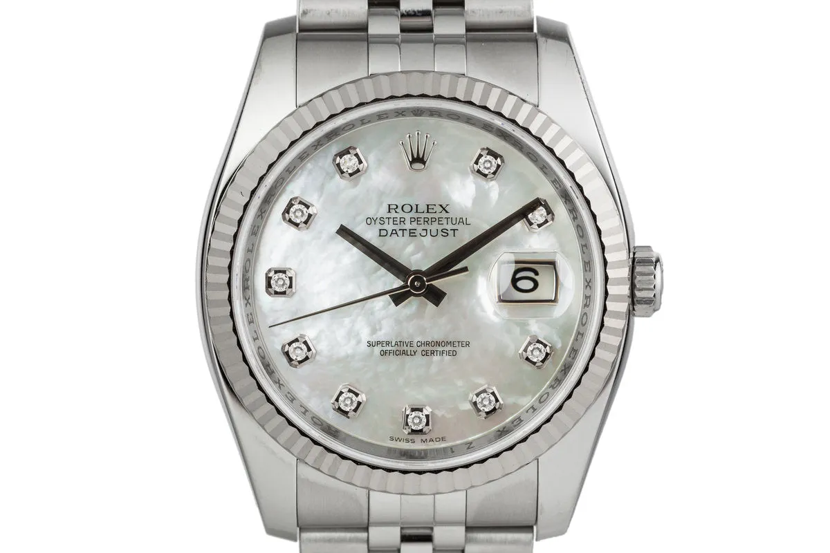 2006 Rolex Datejust 116234 with Mother of Pearl Diamond Dial with Box and Papers