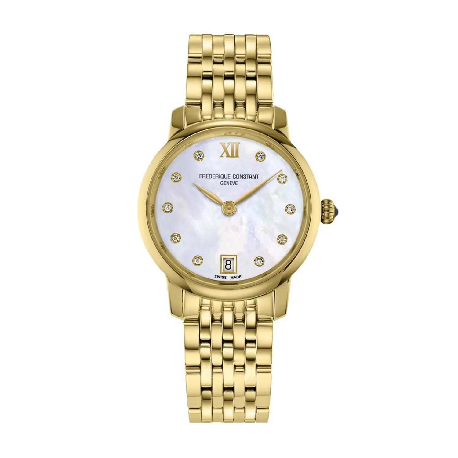 30MM FREDERIQUE CONSTANT CLASSICS SLIMLINE LADY'S QUARTZ WATCH WITH YELLOW GOLD STAINLESS STEEL AND MOTHER-OF-PEARL DIAL