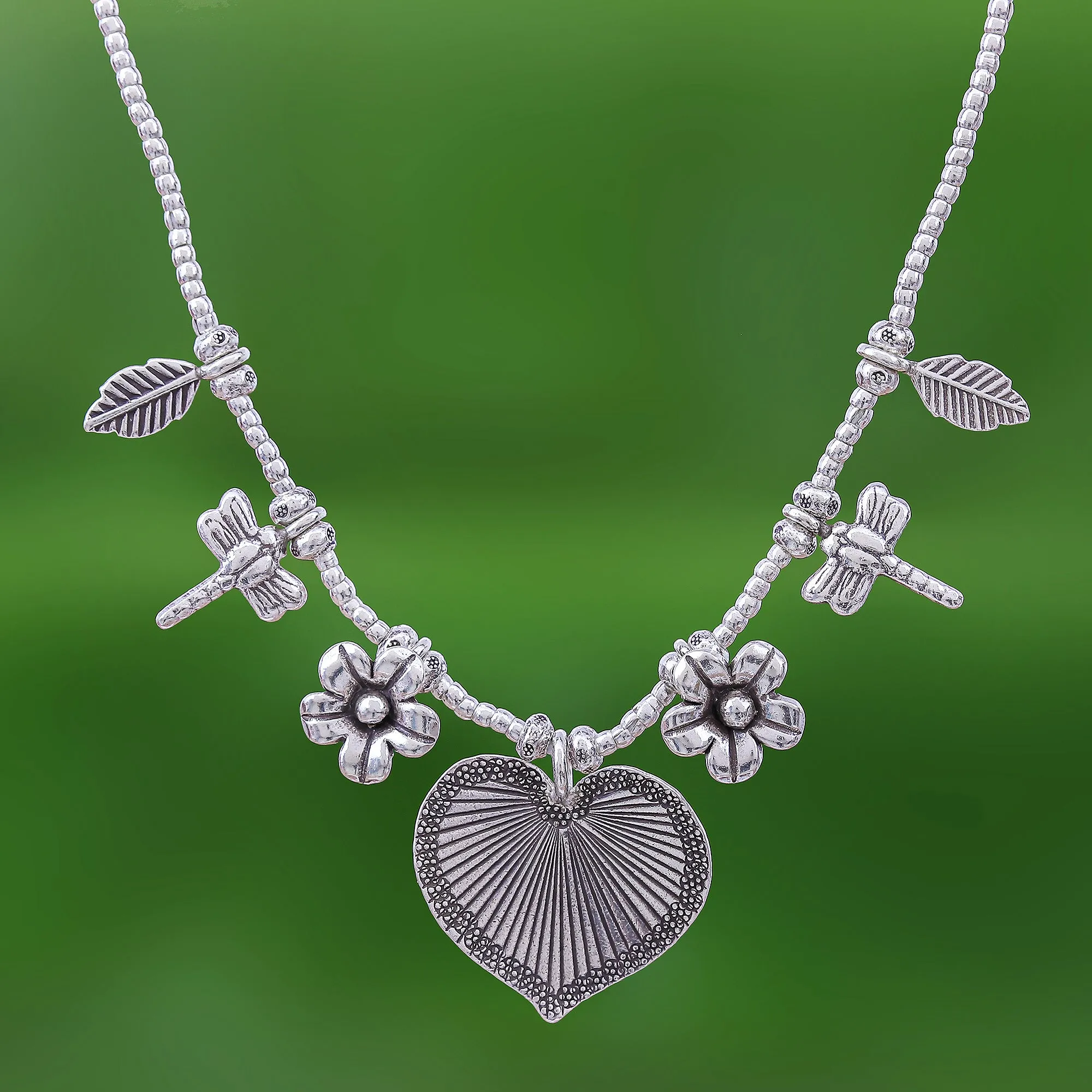 950 Silver Heart Necklace Garden Charm - Heart Garden | NOVICA