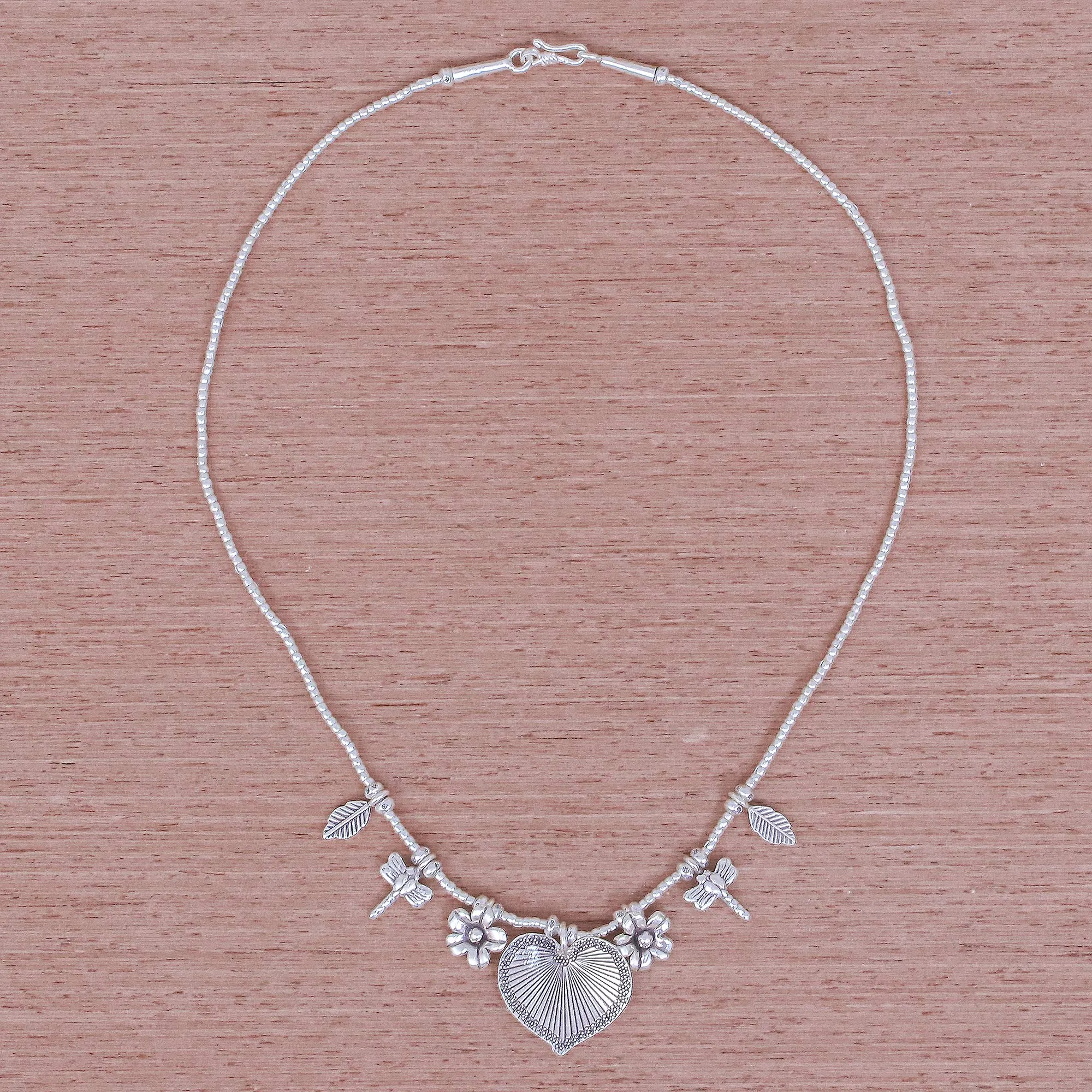 950 Silver Heart Necklace Garden Charm - Heart Garden | NOVICA