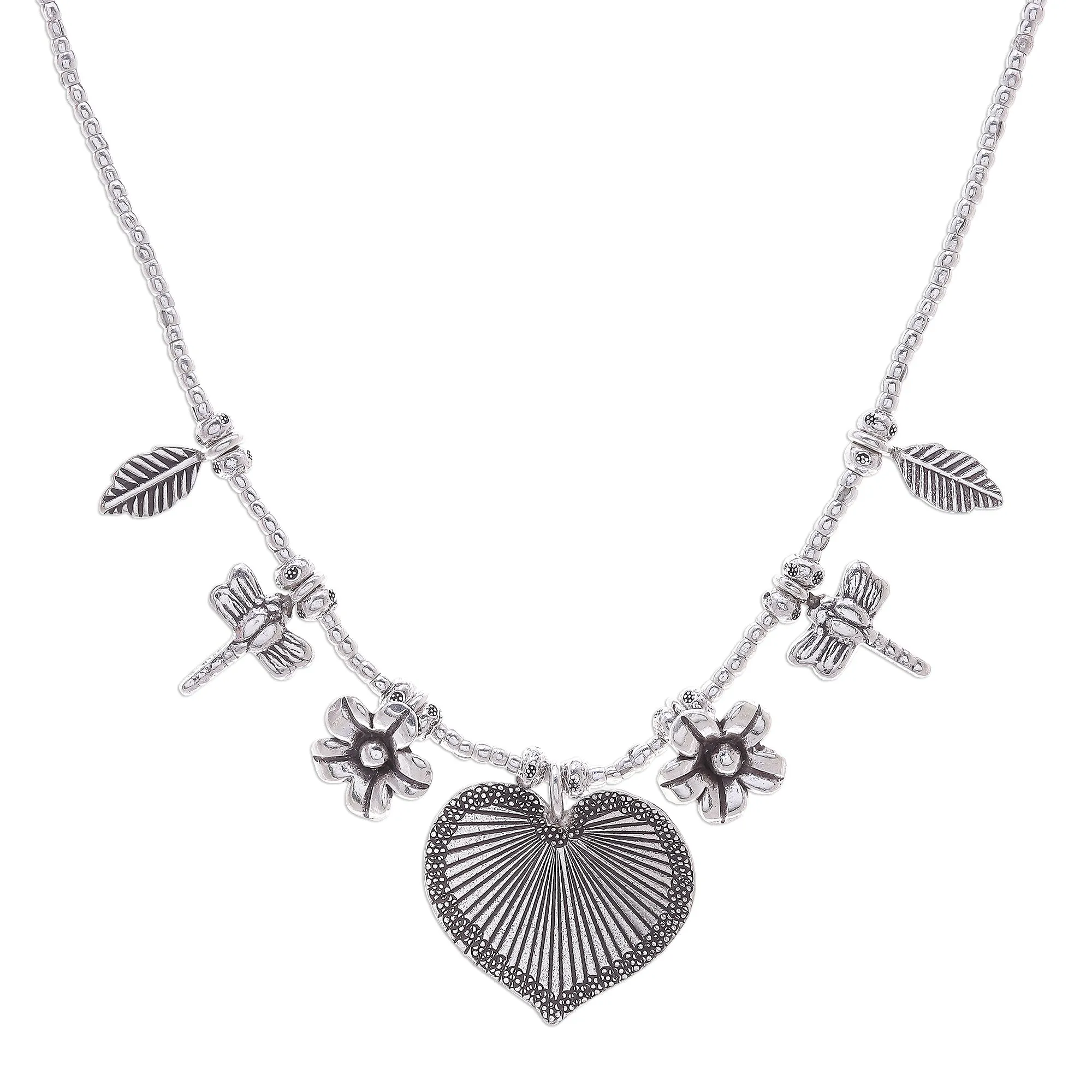 950 Silver Heart Necklace Garden Charm - Heart Garden | NOVICA