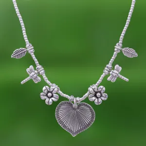 950 Silver Heart Necklace Garden Charm - Heart Garden | NOVICA