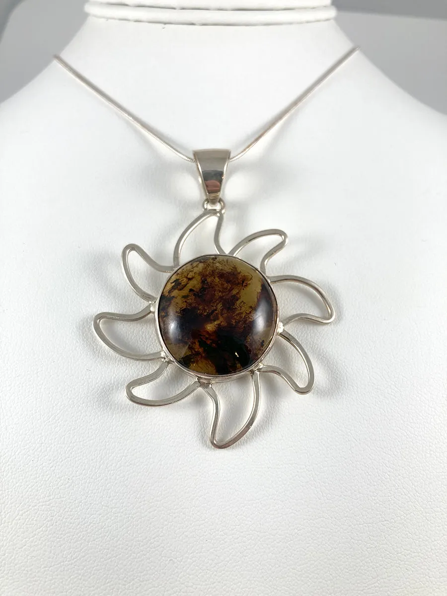 Amber & Sterling Silver Sun Pendant