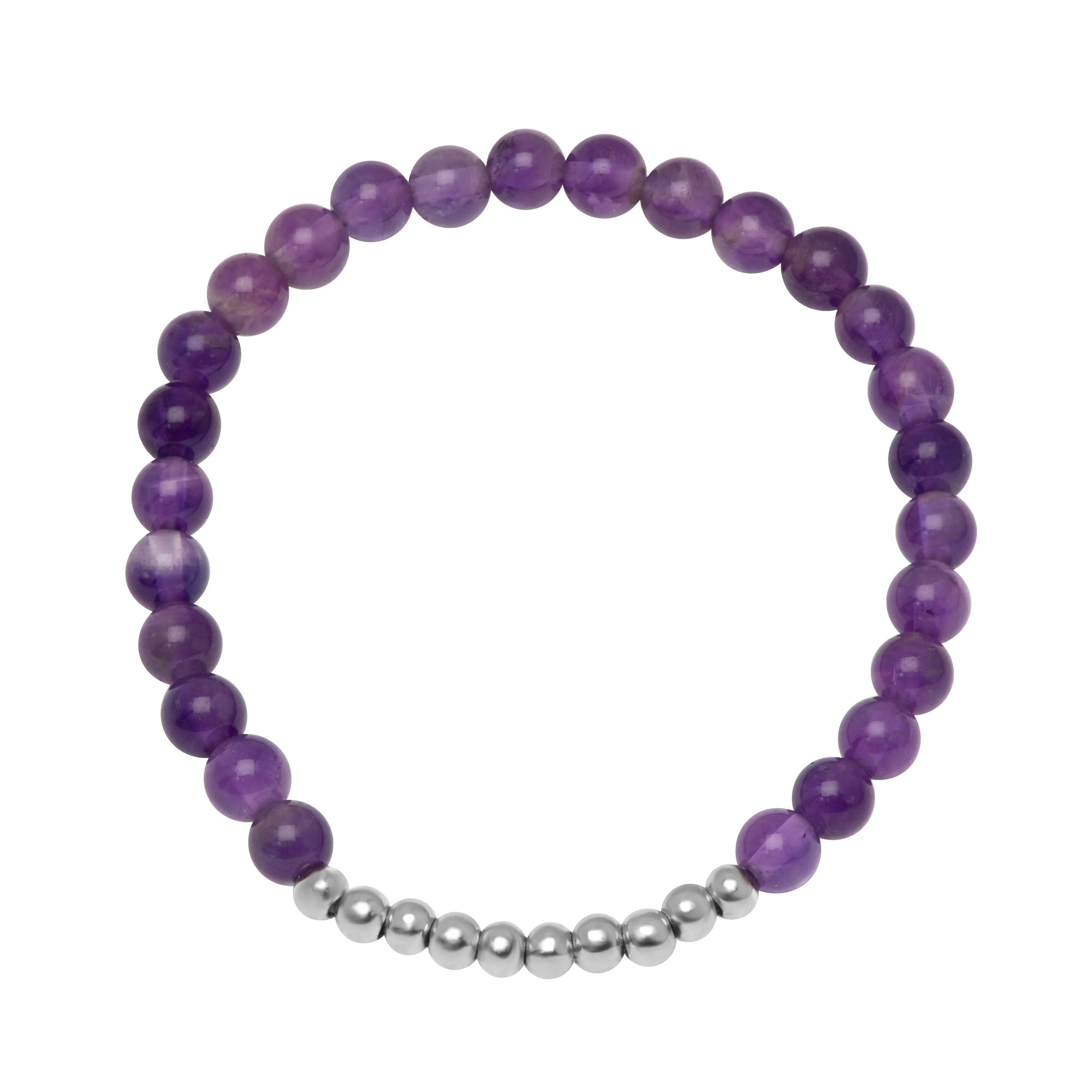 Amethyst & Polished Silver Bead Stretch Bracelet in Sterling Silver