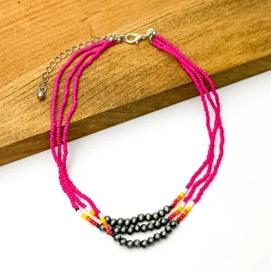 Aztec Seed Beaded Three Strand Choker Necklace with Silver Beads in Pink