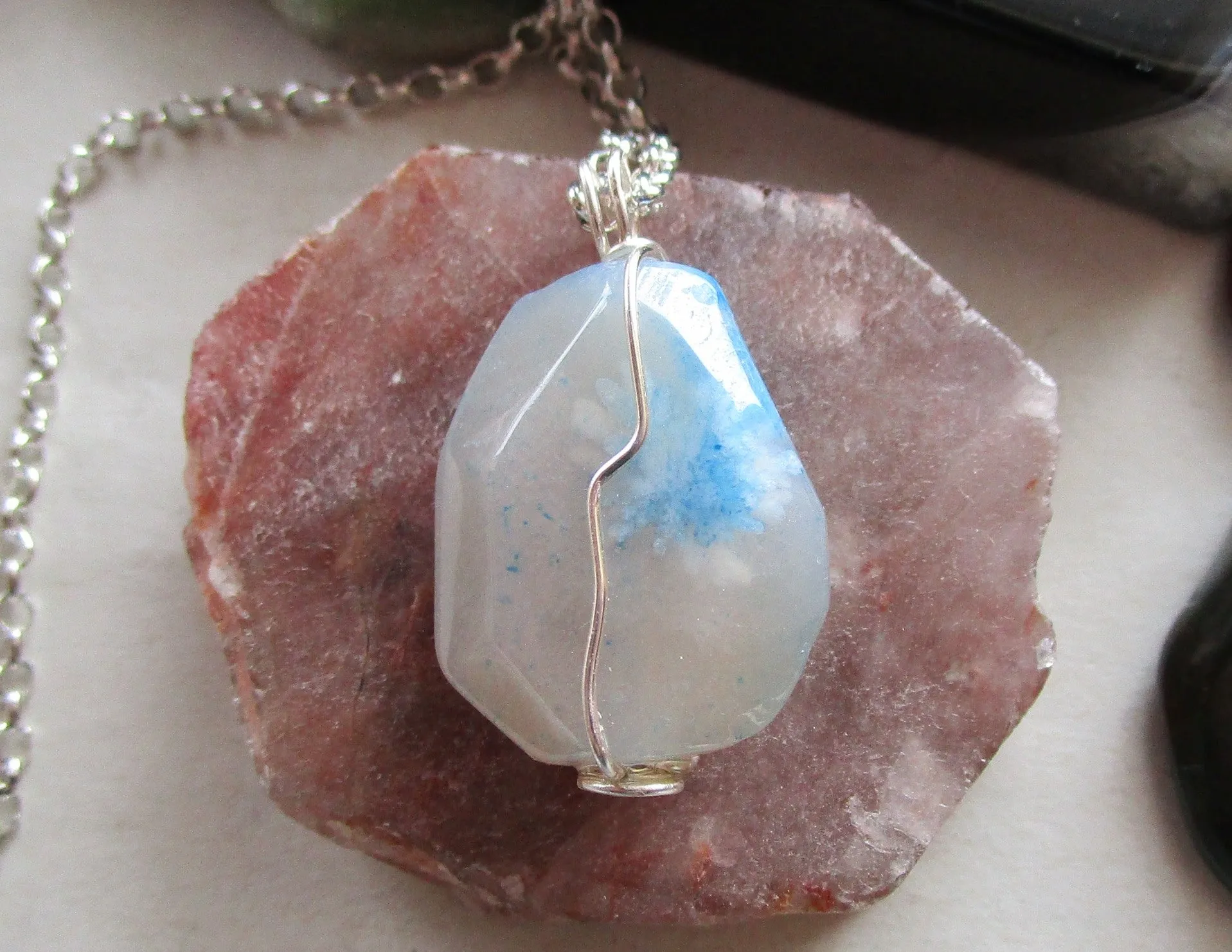 Blue Cloud Agate Gemstone Crystal Wire Wrapped Pendant Necklace