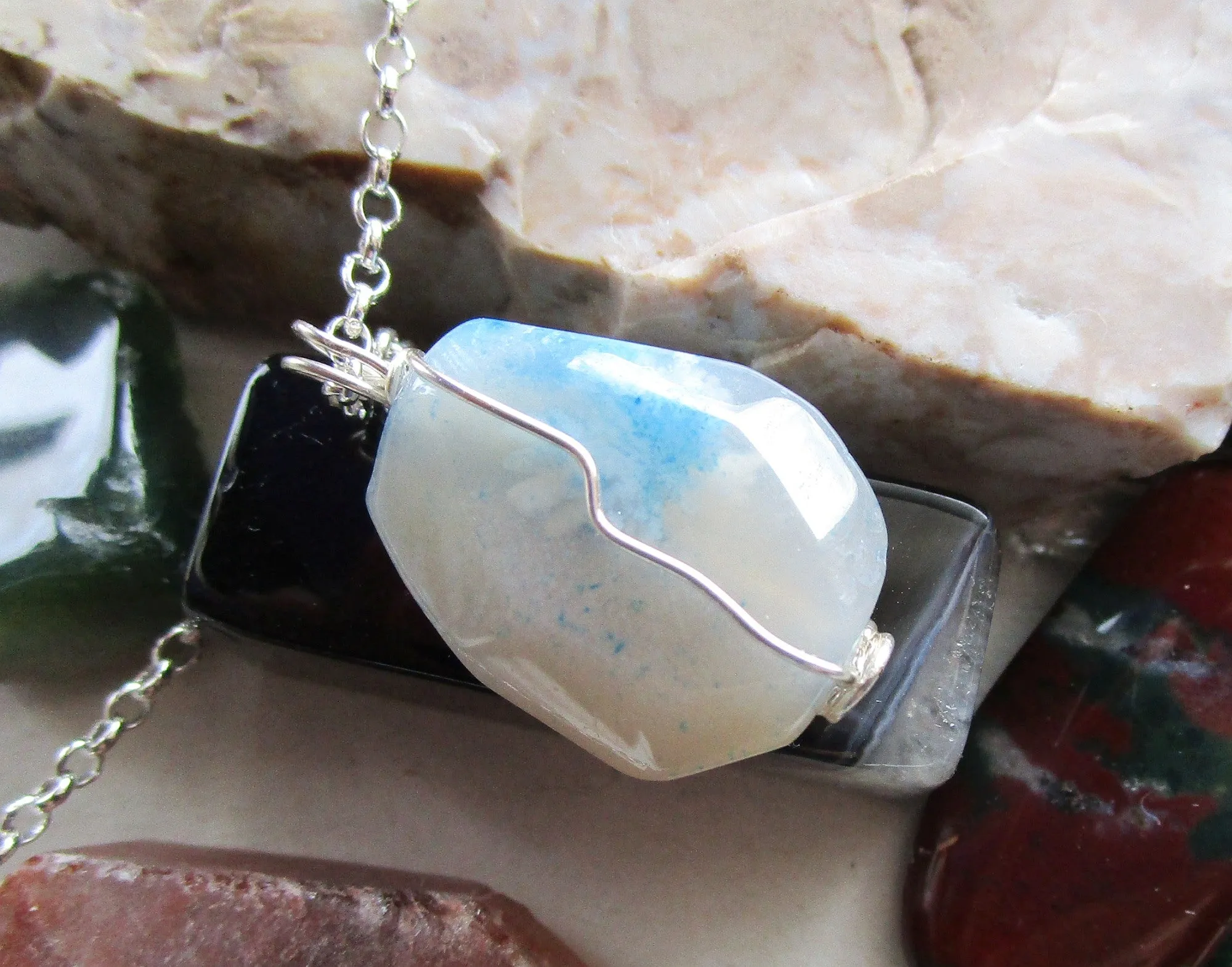 Blue Cloud Agate Gemstone Crystal Wire Wrapped Pendant Necklace