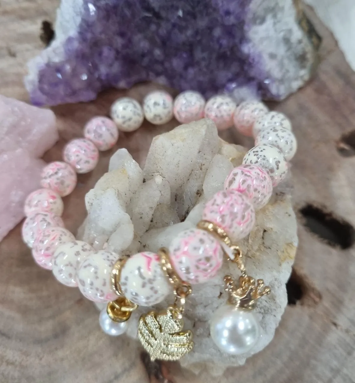 Boho Marble Glass Bracelet Fern & Pearl Charms