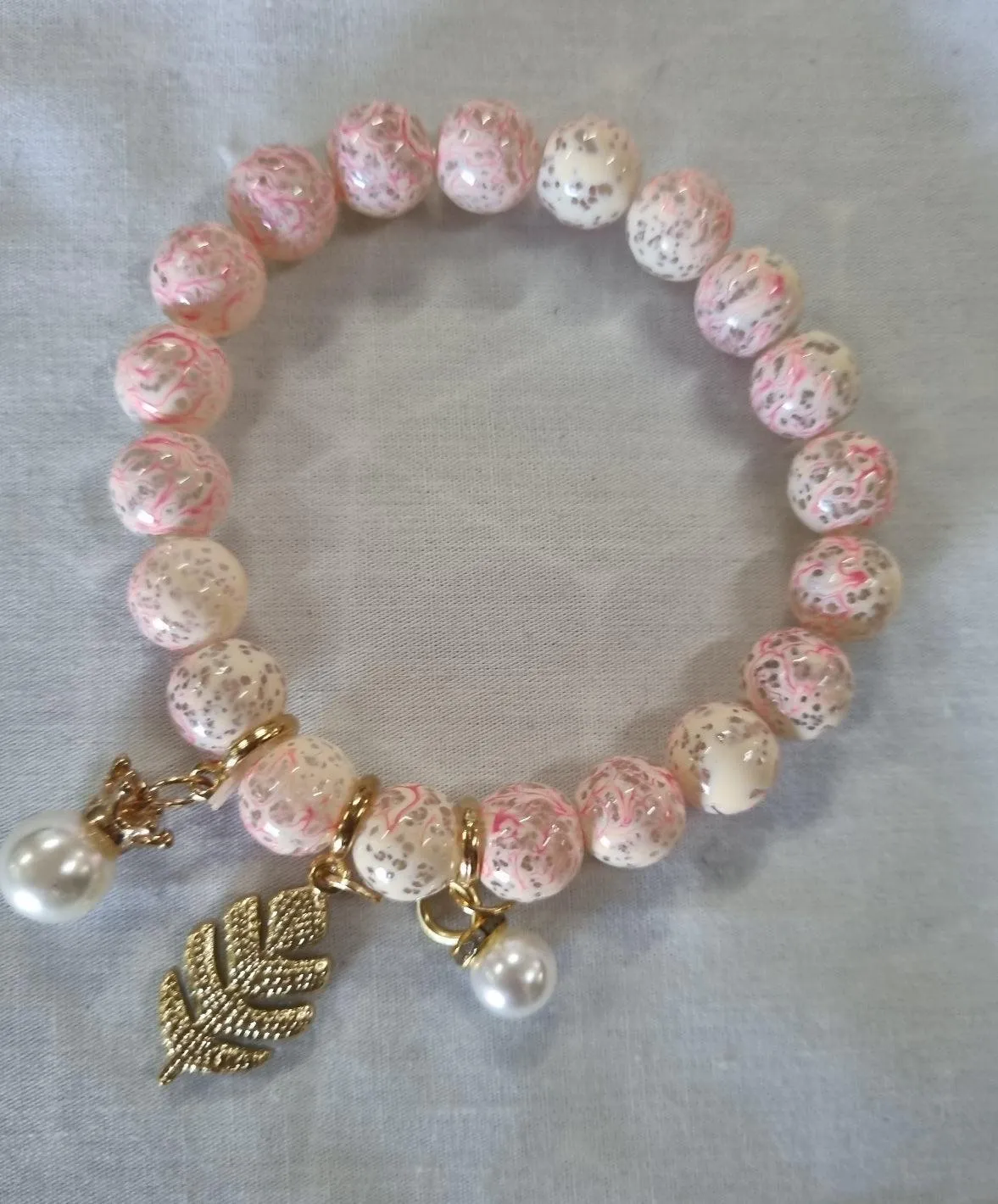 Boho Marble Glass Bracelet Fern & Pearl Charms