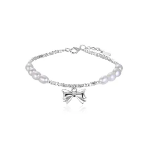 Bow Charm Pearl Silver Bracelet