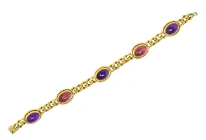 Bulgari 1980's Amethyst Tourmaline Cabochon 18 Karat Yellow Gold Curb Link Vintage Unisex Bracelet