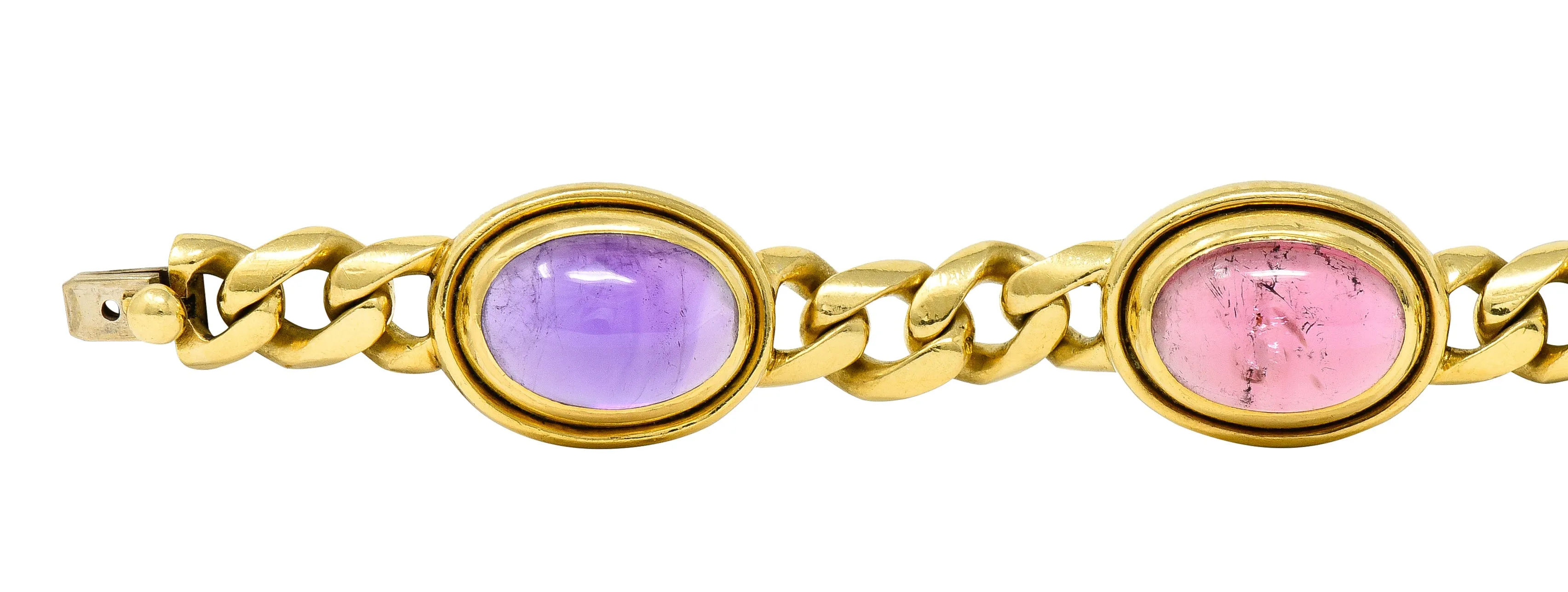 Bulgari 1980's Amethyst Tourmaline Cabochon 18 Karat Yellow Gold Curb Link Vintage Unisex Bracelet