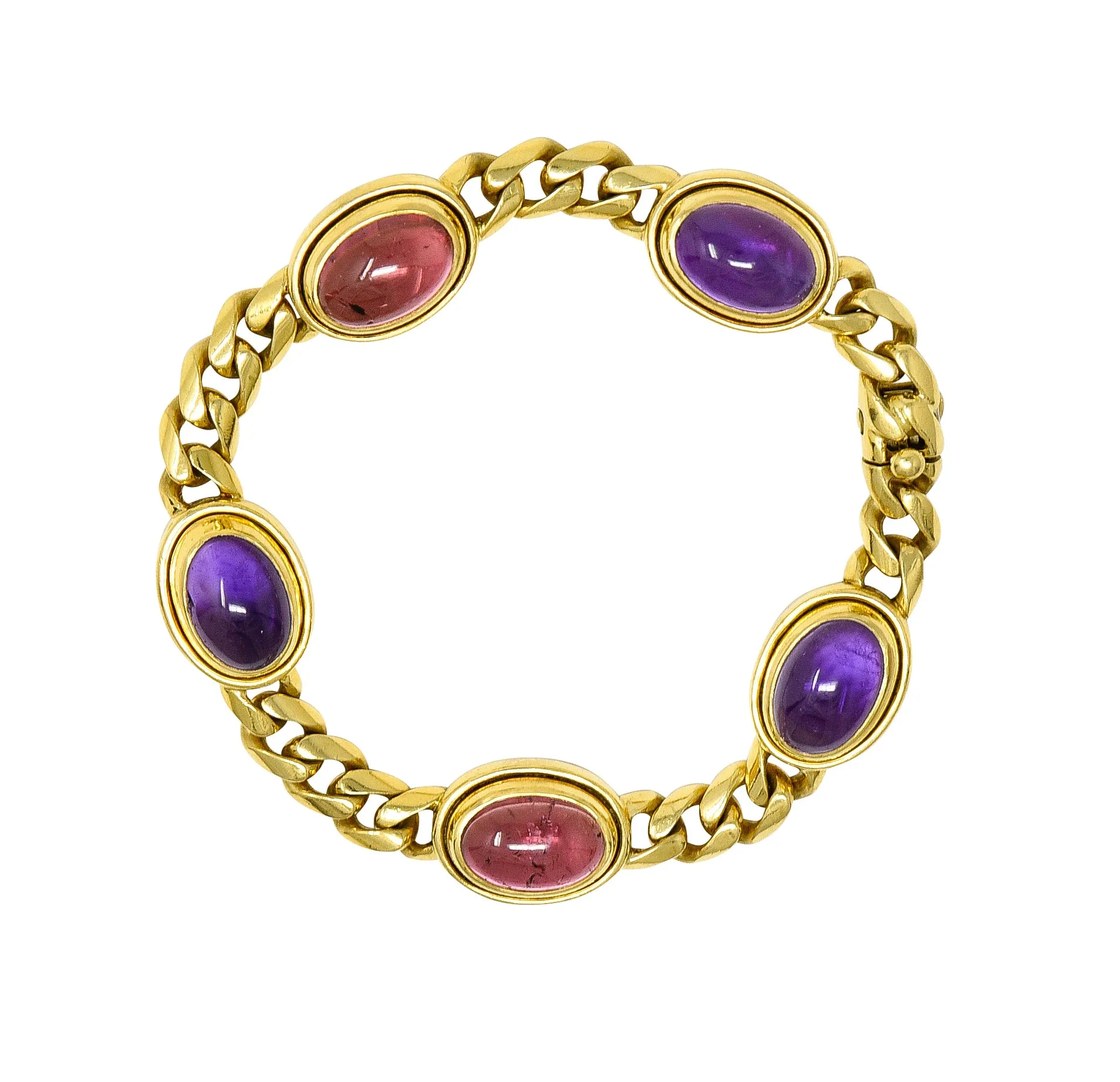 Bulgari 1980's Amethyst Tourmaline Cabochon 18 Karat Yellow Gold Curb Link Vintage Unisex Bracelet