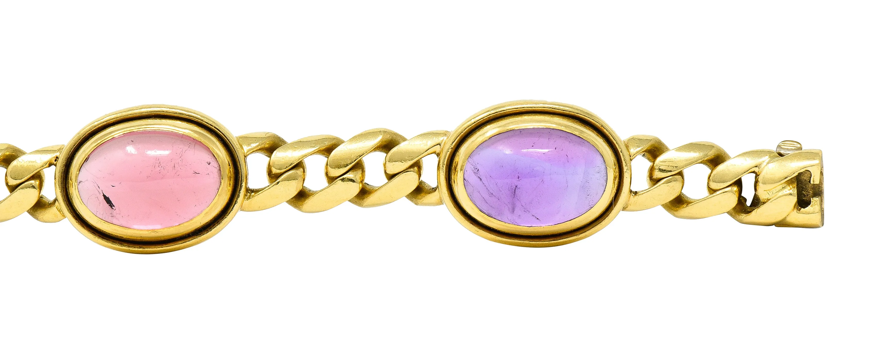 Bulgari 1980's Amethyst Tourmaline Cabochon 18 Karat Yellow Gold Curb Link Vintage Unisex Bracelet