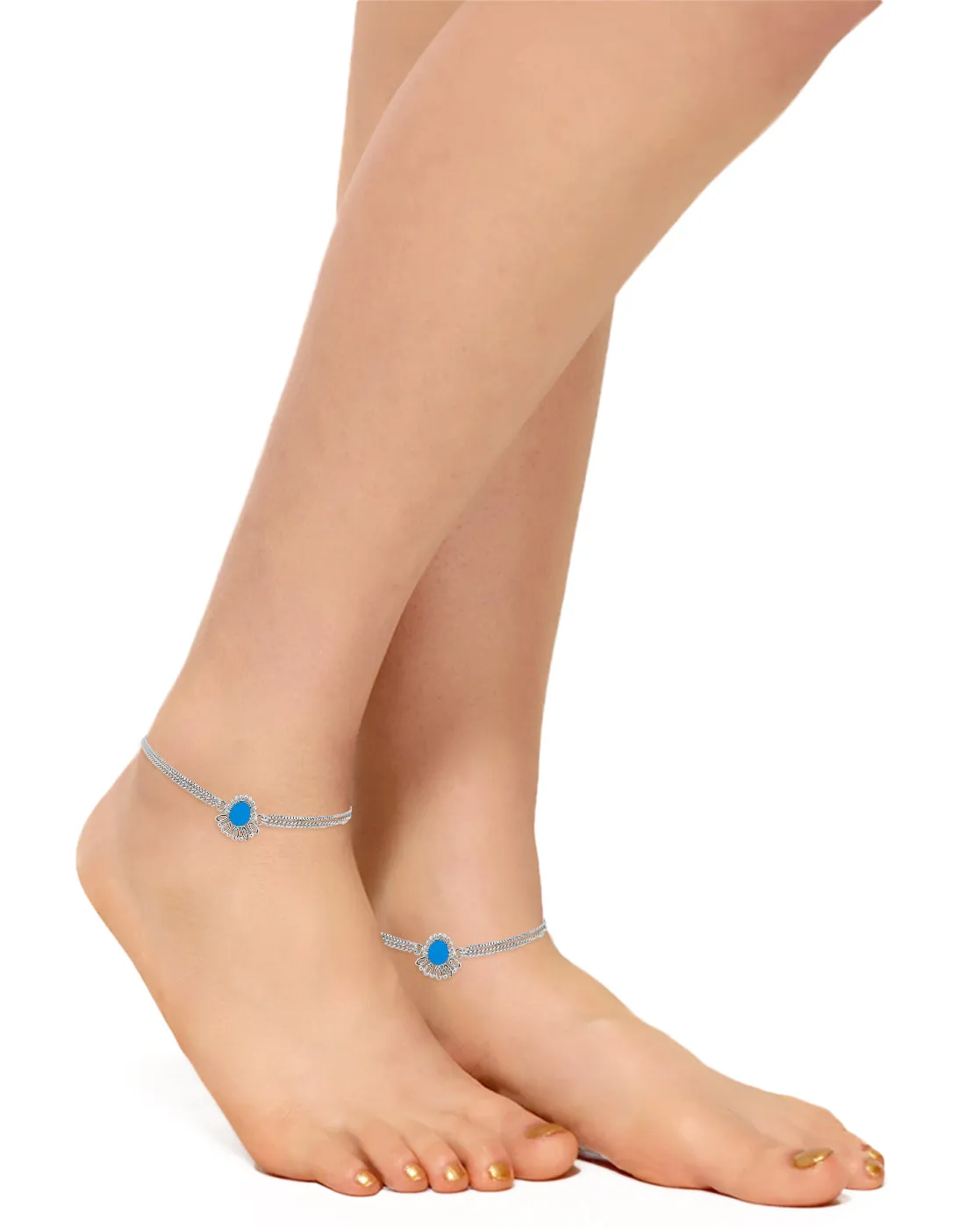 Carlton London -Set Of 2 Rhodium-Plated Silver Toned Dual Stranded Blue Enamel Anklets For Women