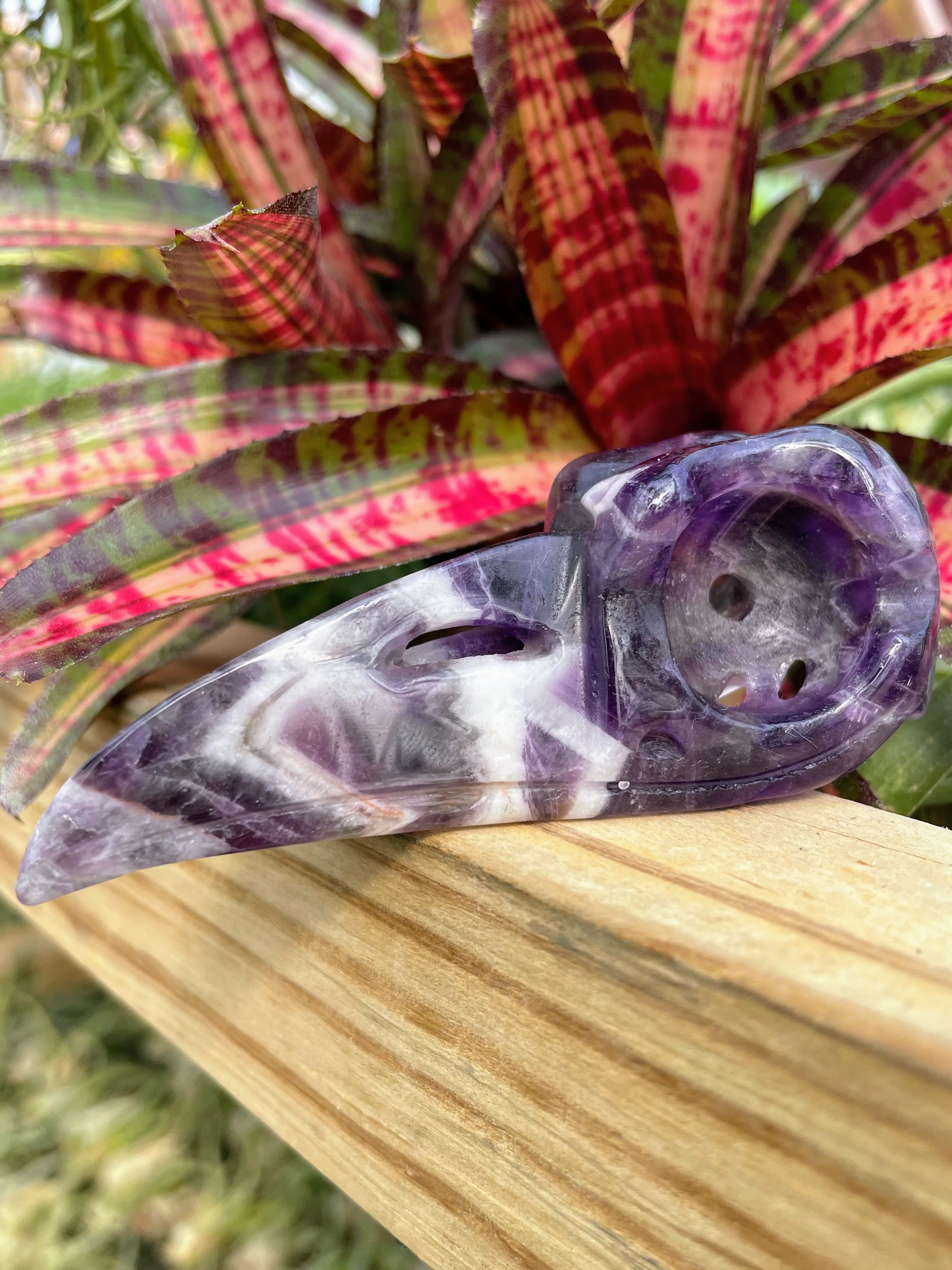 Chevron Amethyst Raven Skull Crystal Carving