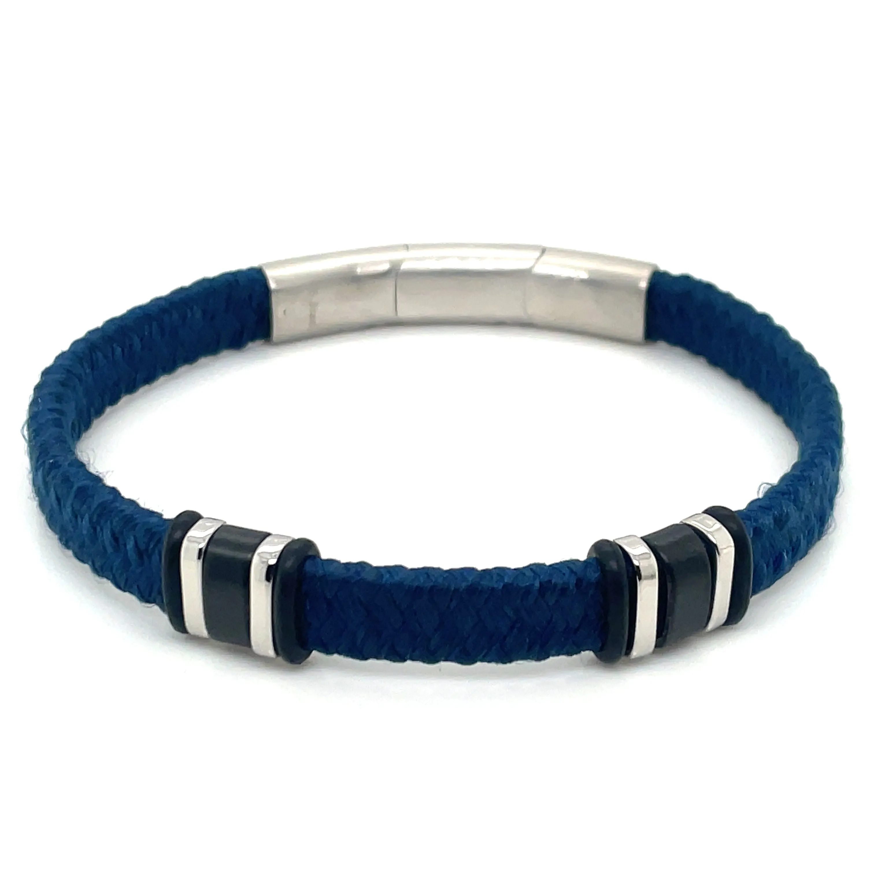 Gents Blue Cotton Bracelet With Stainless Steel Catch