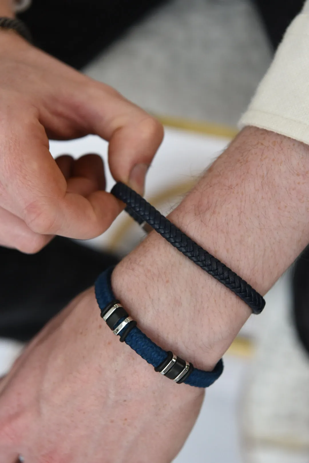 Gents Blue Cotton Bracelet With Stainless Steel Catch