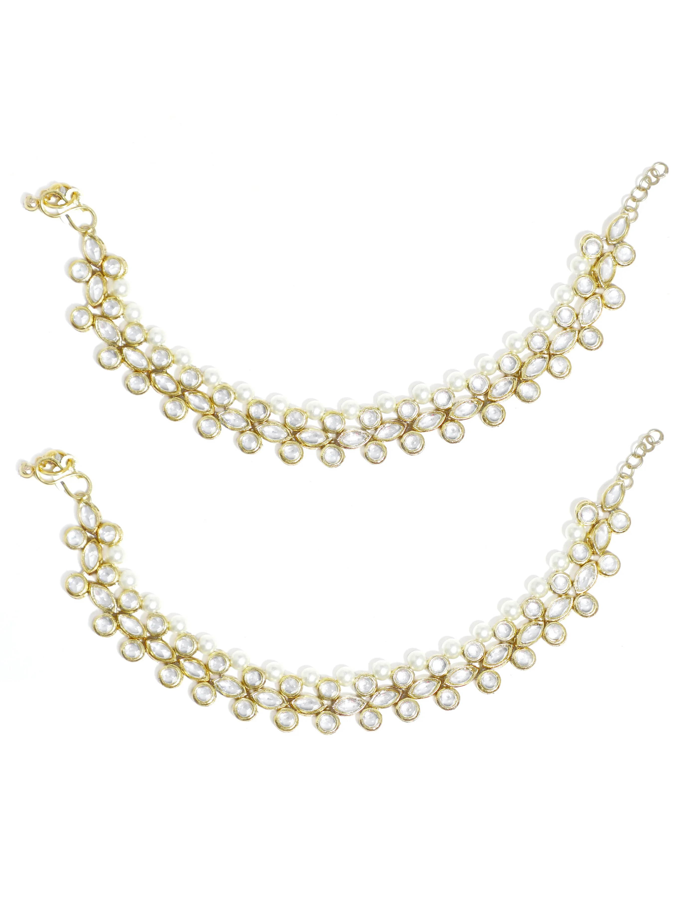 Gold-Plated Kundan & Pearls Studded Anklets