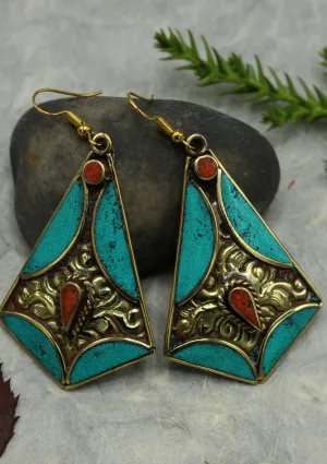 Handmade Diamond Shaped Turquoise and Coral Resin Inlaid Mirr Hook Earrings