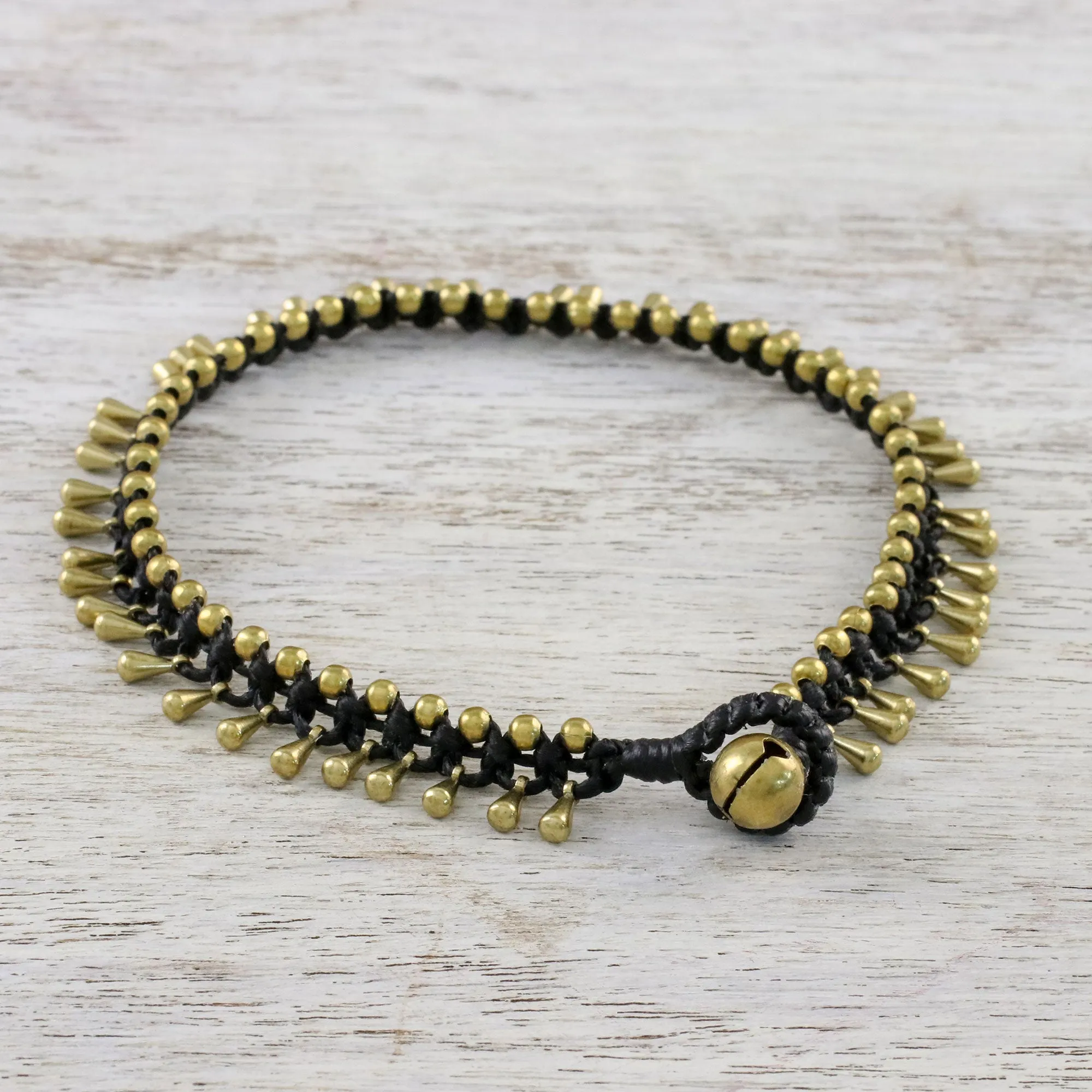 Handmade Lunar Black Knotted Brass Black Cord Anklet - Lunar Black | NOVICA