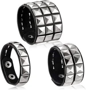 Hicarer 3 Pieces Leather Studded Punk Bracelet for Men Women 80s Studded Wristband Goth Punk Rock Bracelet Spike Rivet Cuff Bangle Unisex Metal