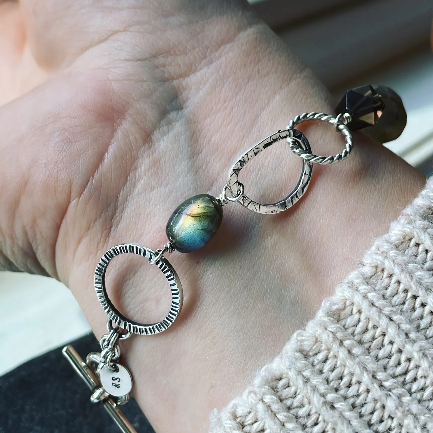 Labradorite, Smoky Quartz, Pearl, Hematite and Sterling Silver Bracelet