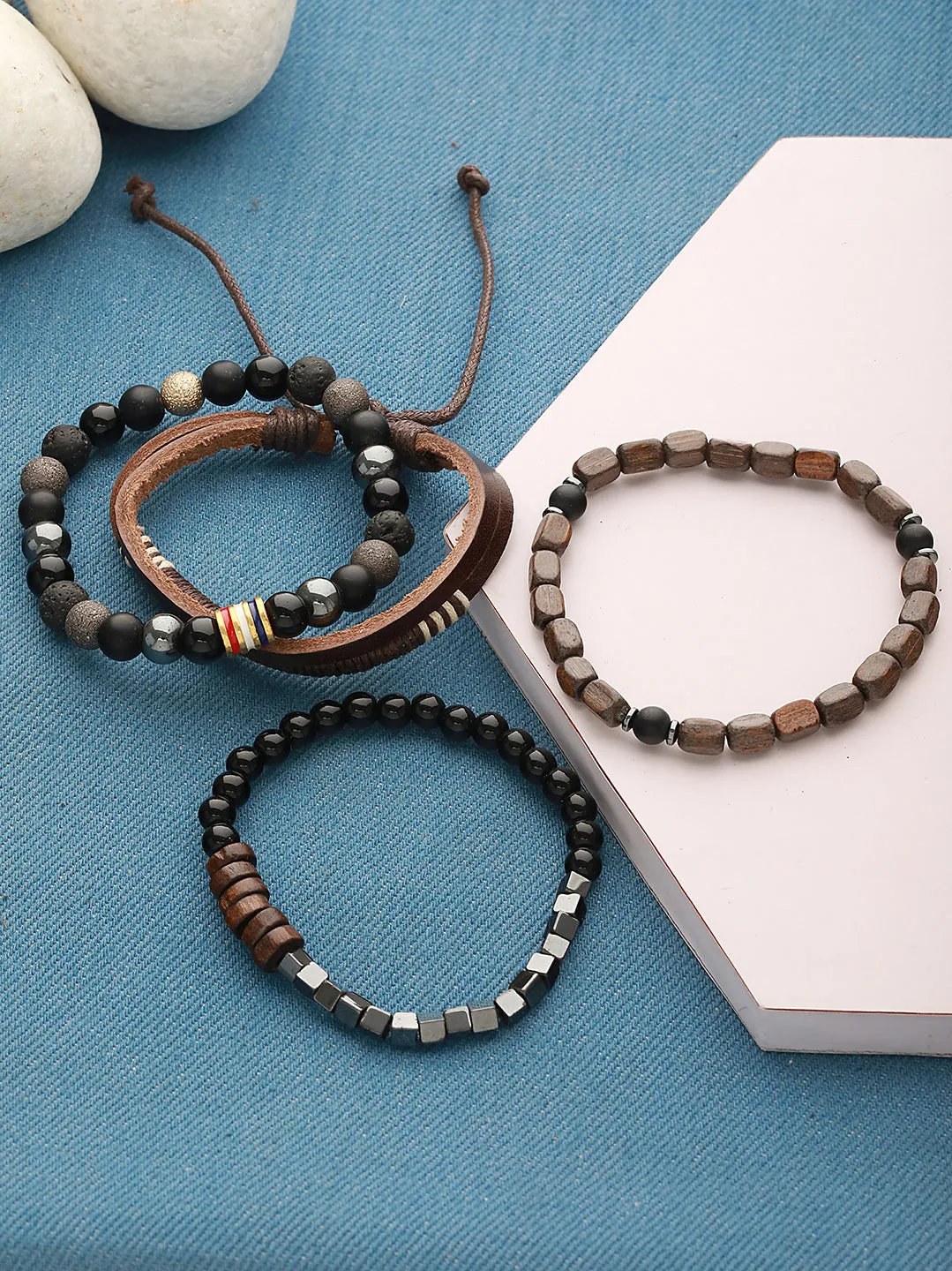 Men Pack Of 4 Brown & Coffee Brown Beads Leather Bracelet