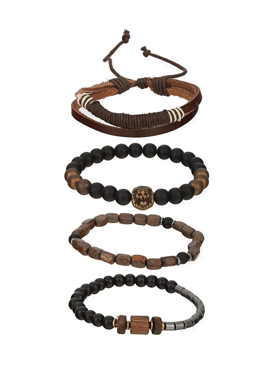 Men Pack Of 4 Brown & Coffee Brown Beads Leather Bracelet