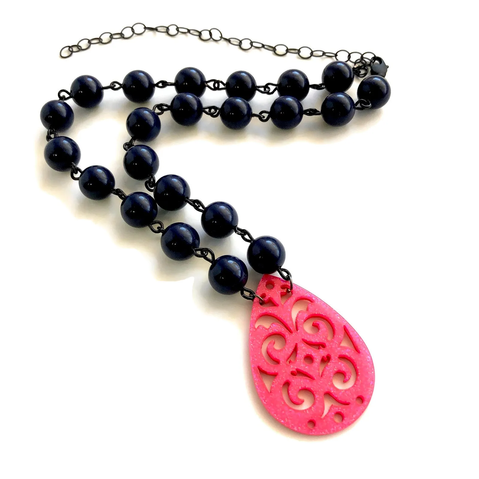 Navy Blue & Hot Pink Boho Lace Beaded Aleta Necklace