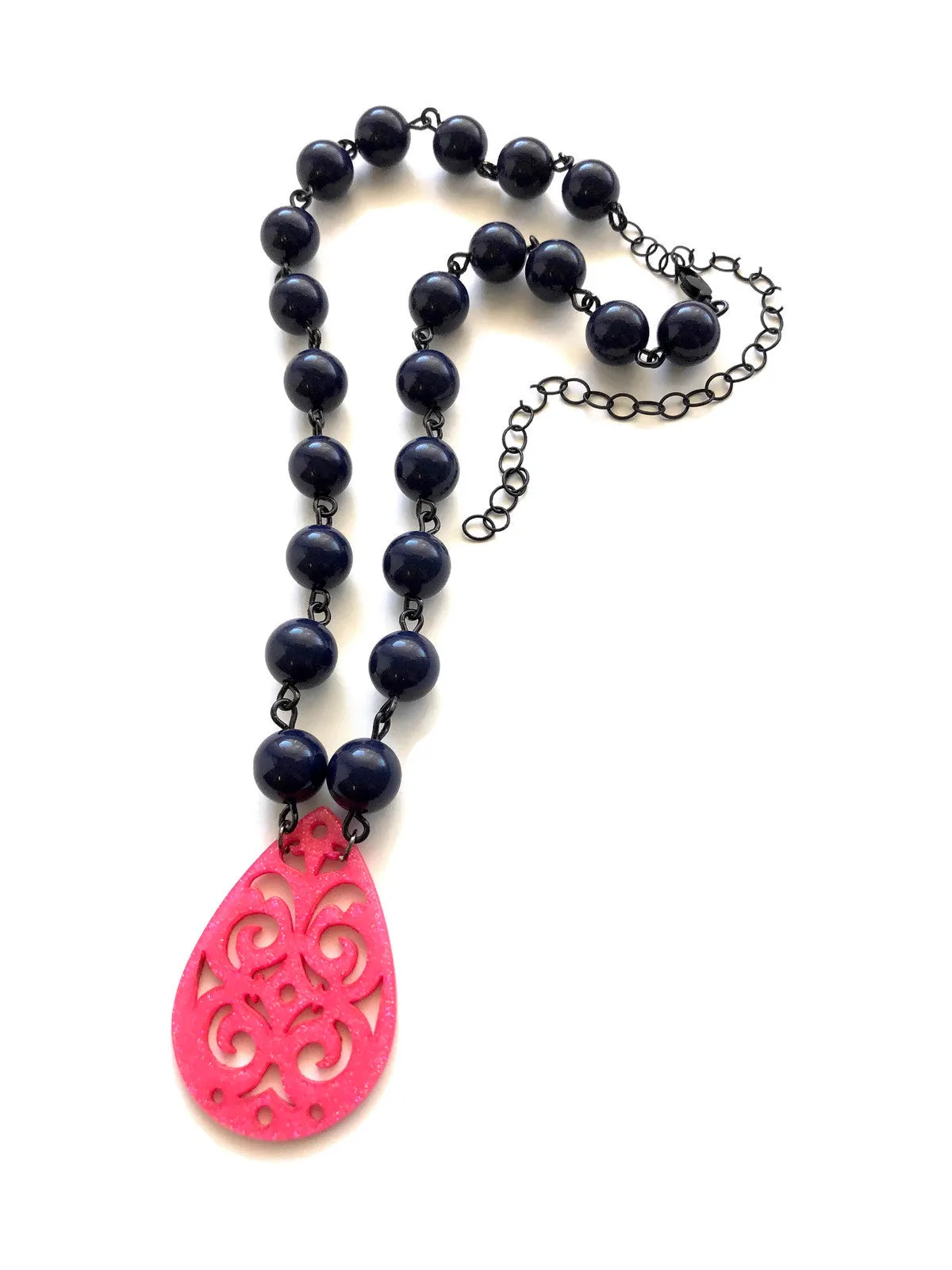 Navy Blue & Hot Pink Boho Lace Beaded Aleta Necklace