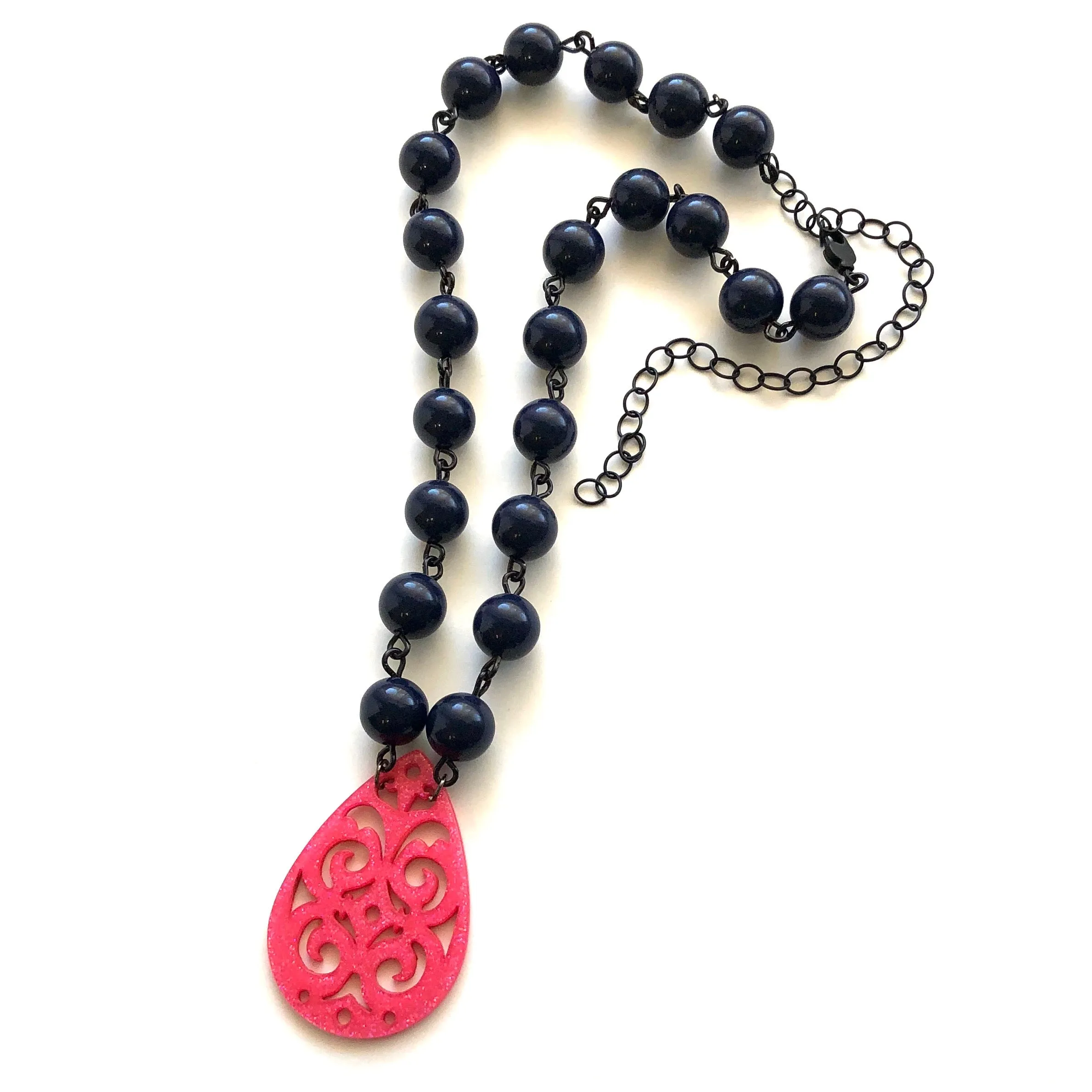 Navy Blue & Hot Pink Boho Lace Beaded Aleta Necklace