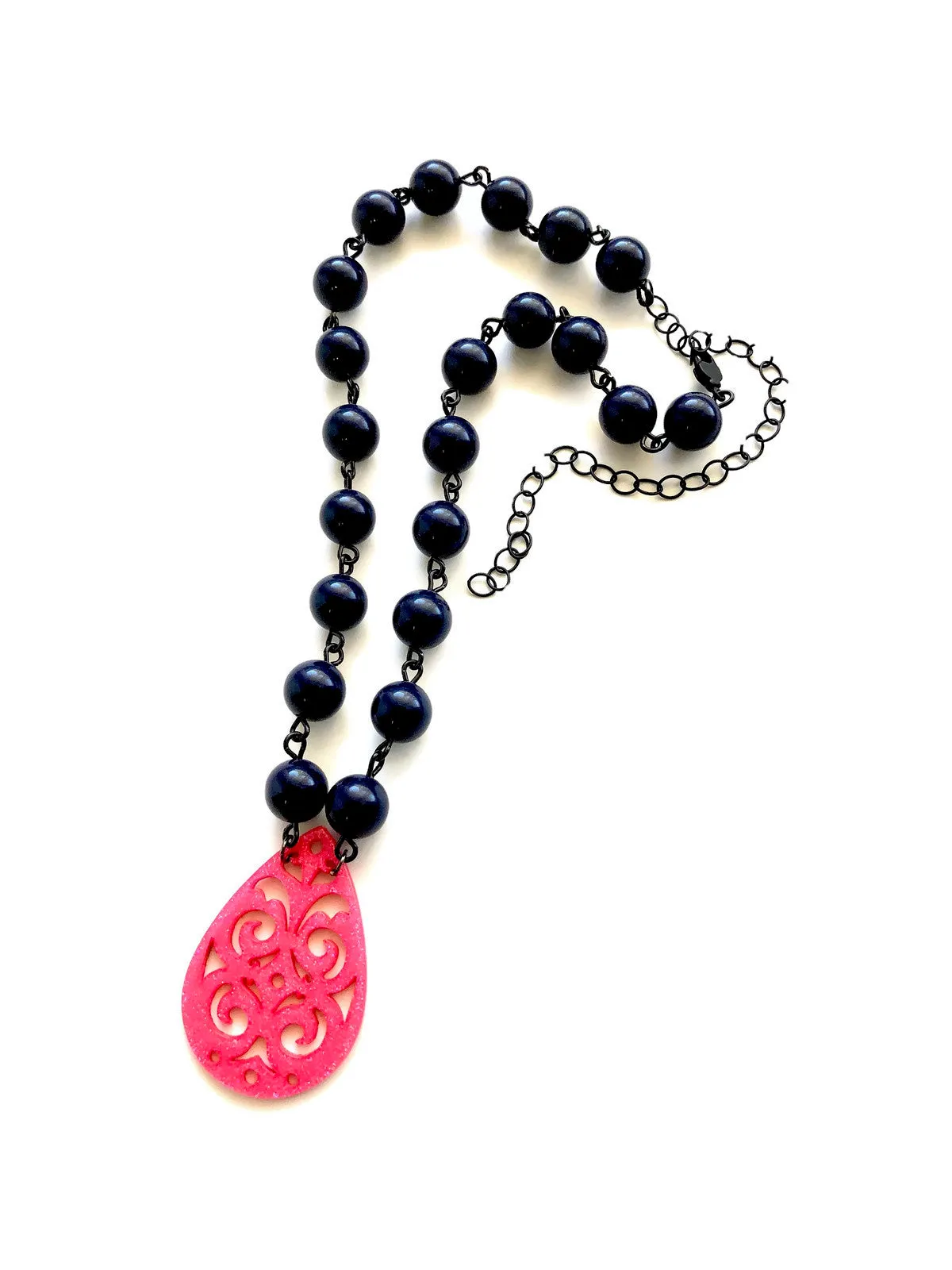 Navy Blue & Hot Pink Boho Lace Beaded Aleta Necklace