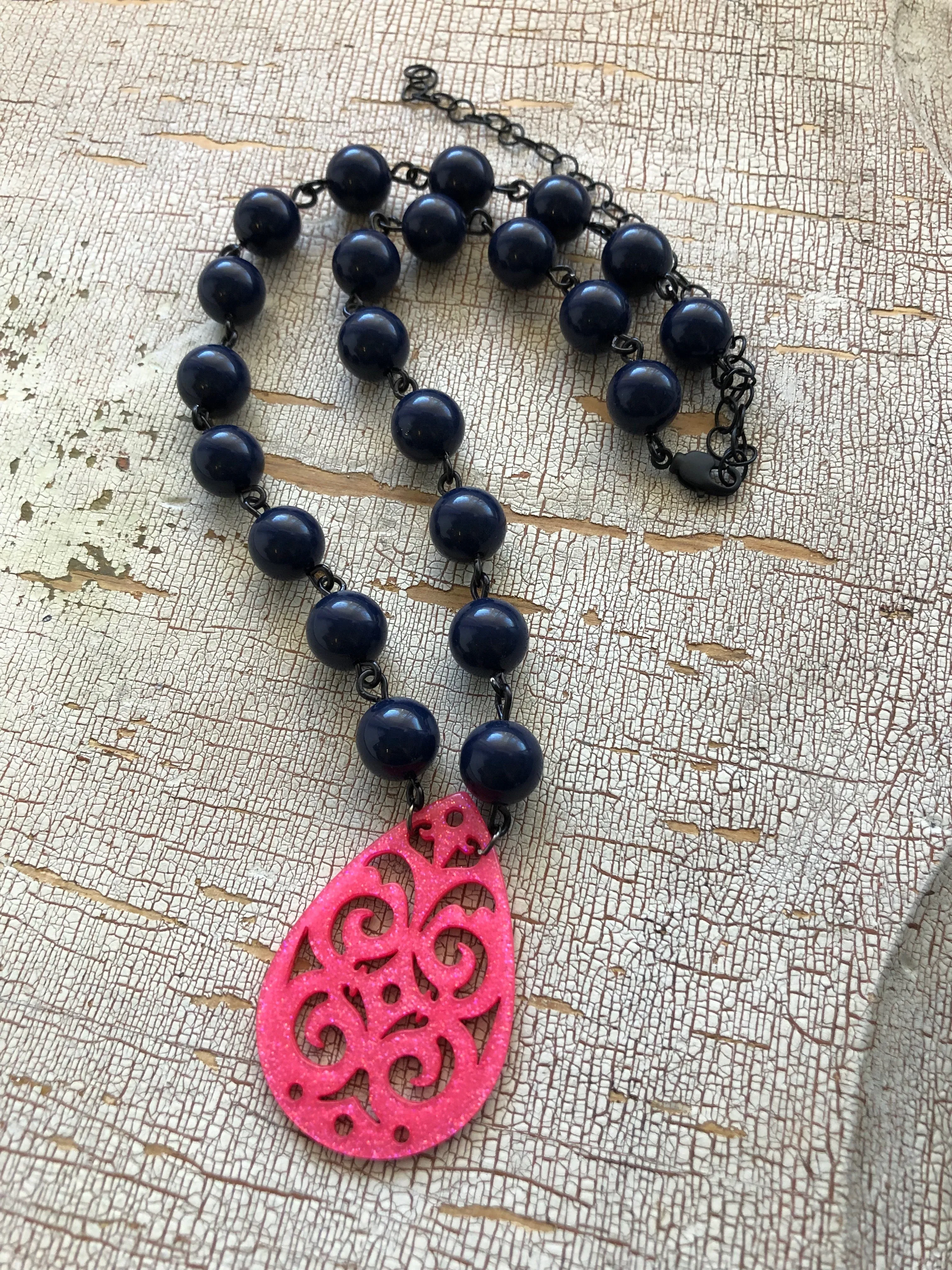 Navy Blue & Hot Pink Boho Lace Beaded Aleta Necklace