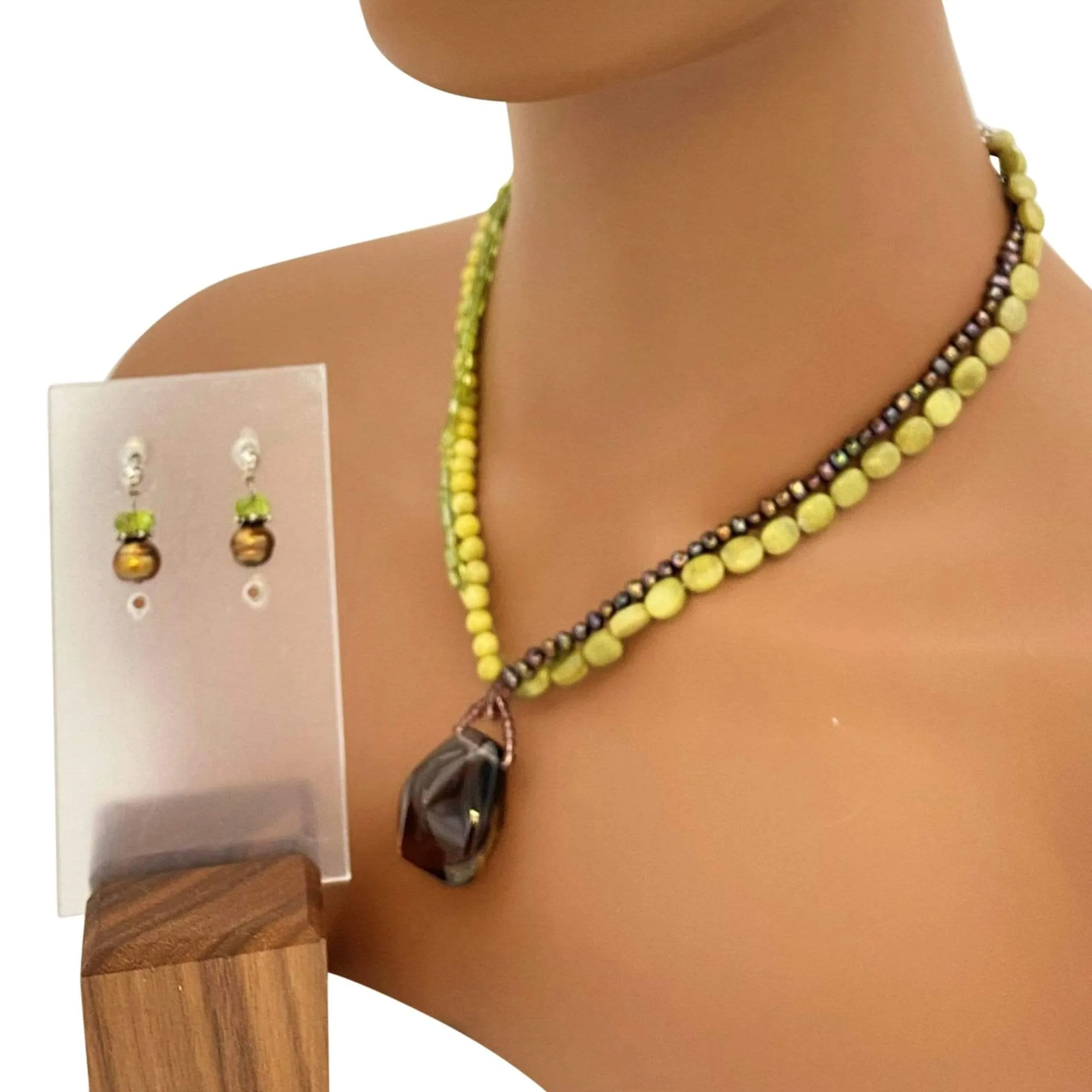 NECKLACE Multi-strand Beaded Necklace & Earring Set - Sage & Bronze