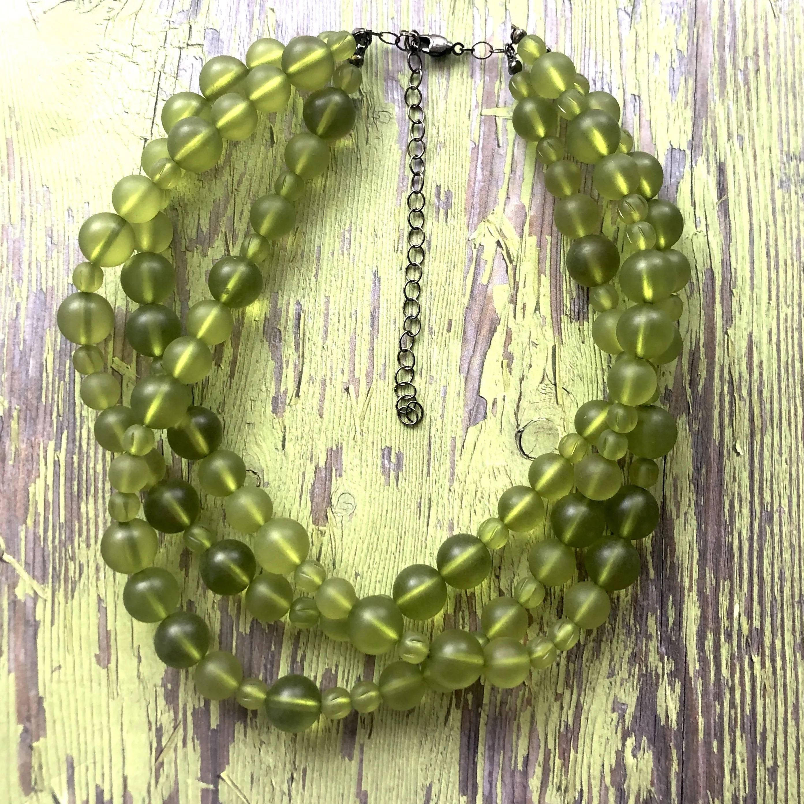 Olive Green Frosted Beaded Multi Strand Morgan Necklace