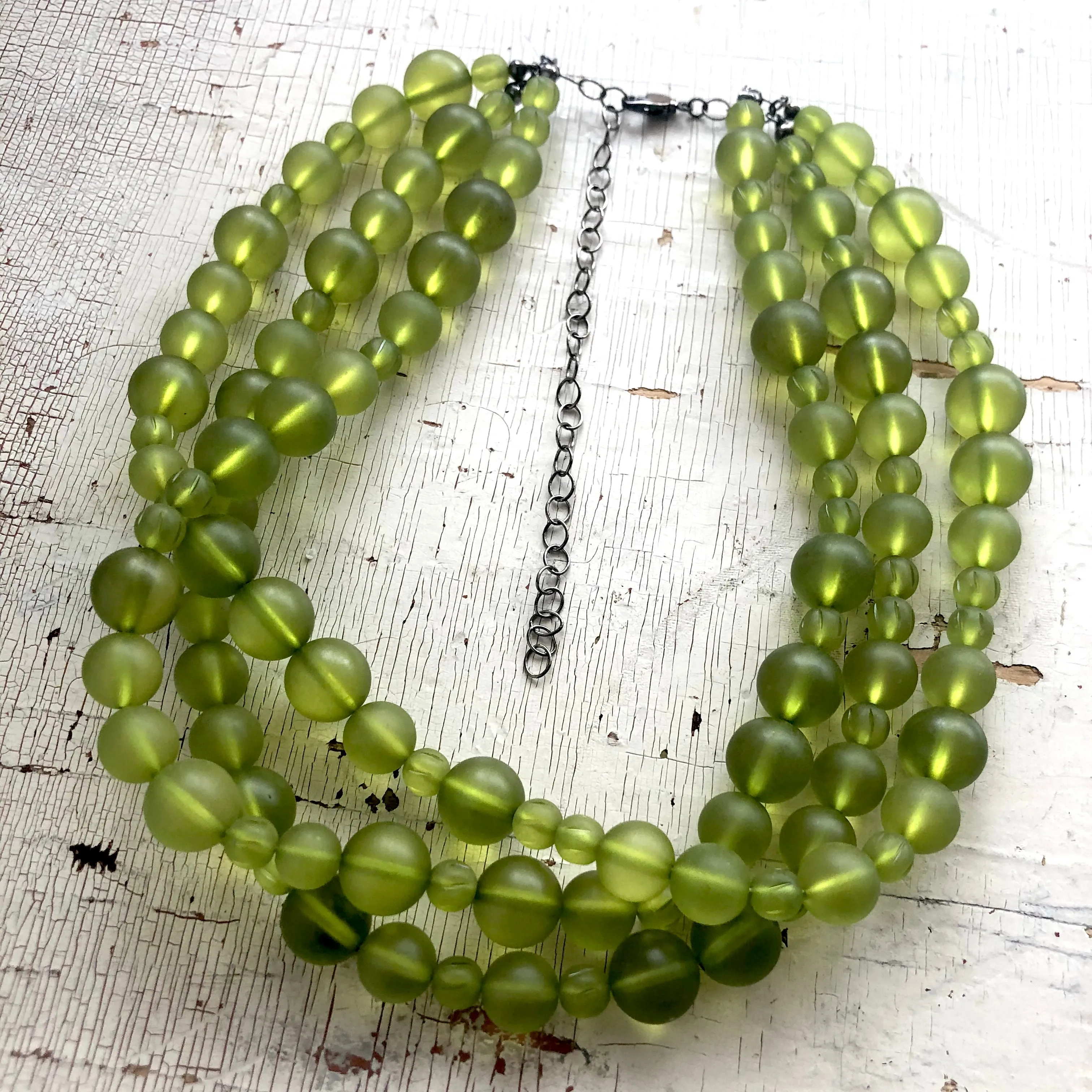 Olive Green Frosted Beaded Multi Strand Morgan Necklace