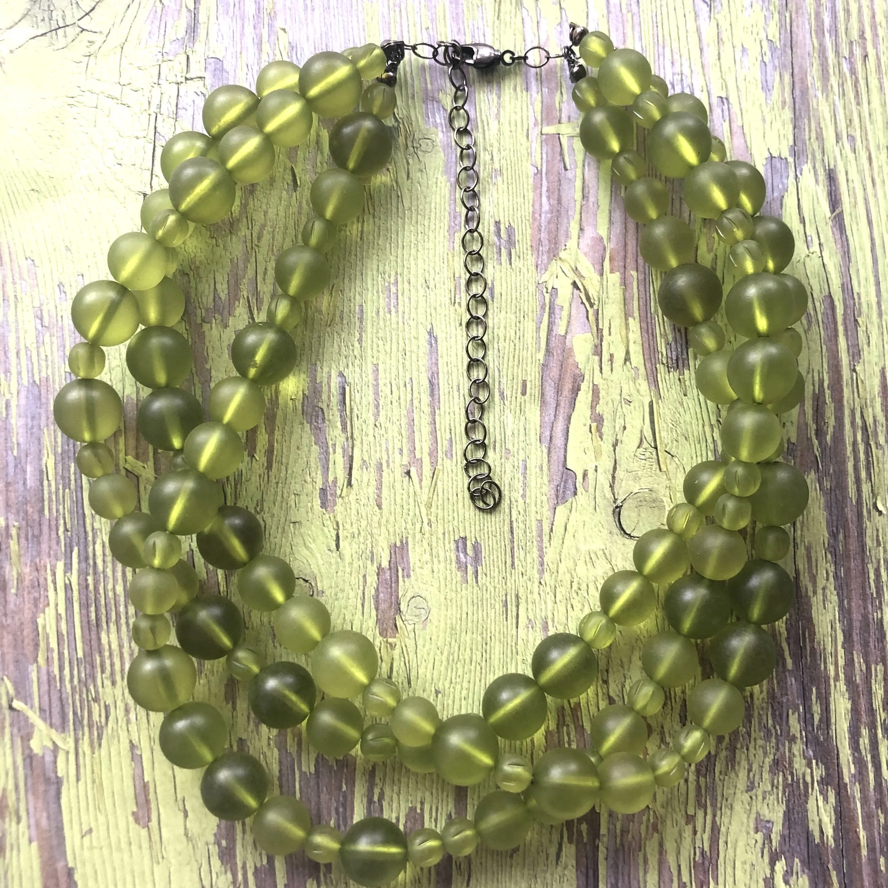 Olive Green Frosted Beaded Multi Strand Morgan Necklace