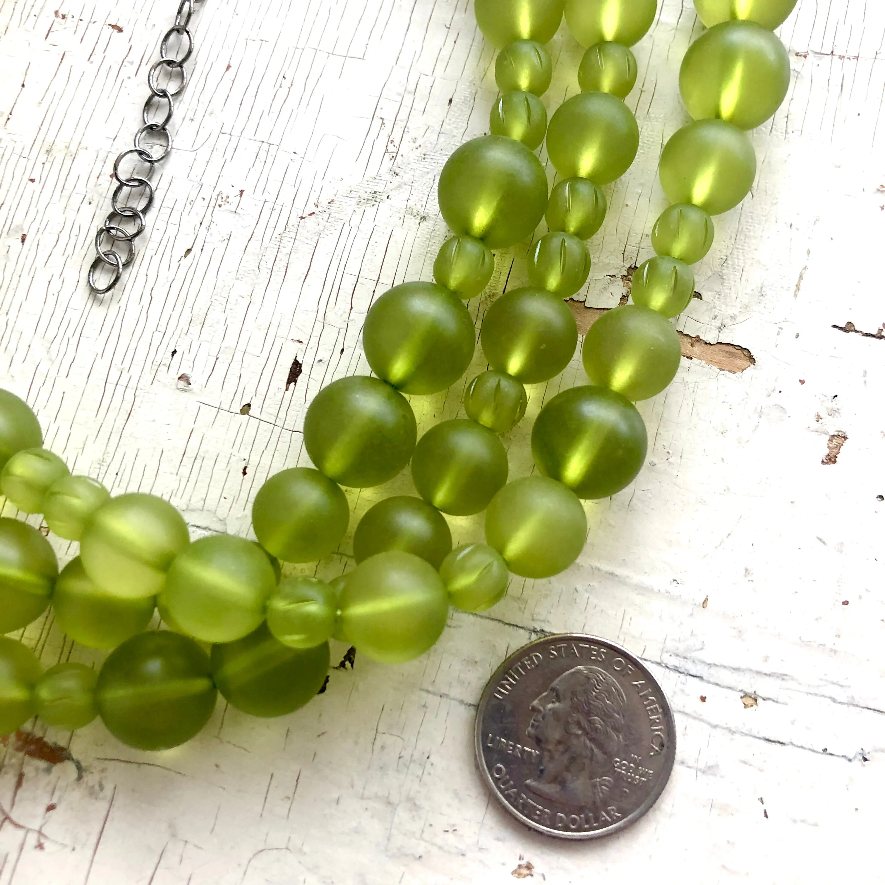 Olive Green Frosted Beaded Multi Strand Morgan Necklace