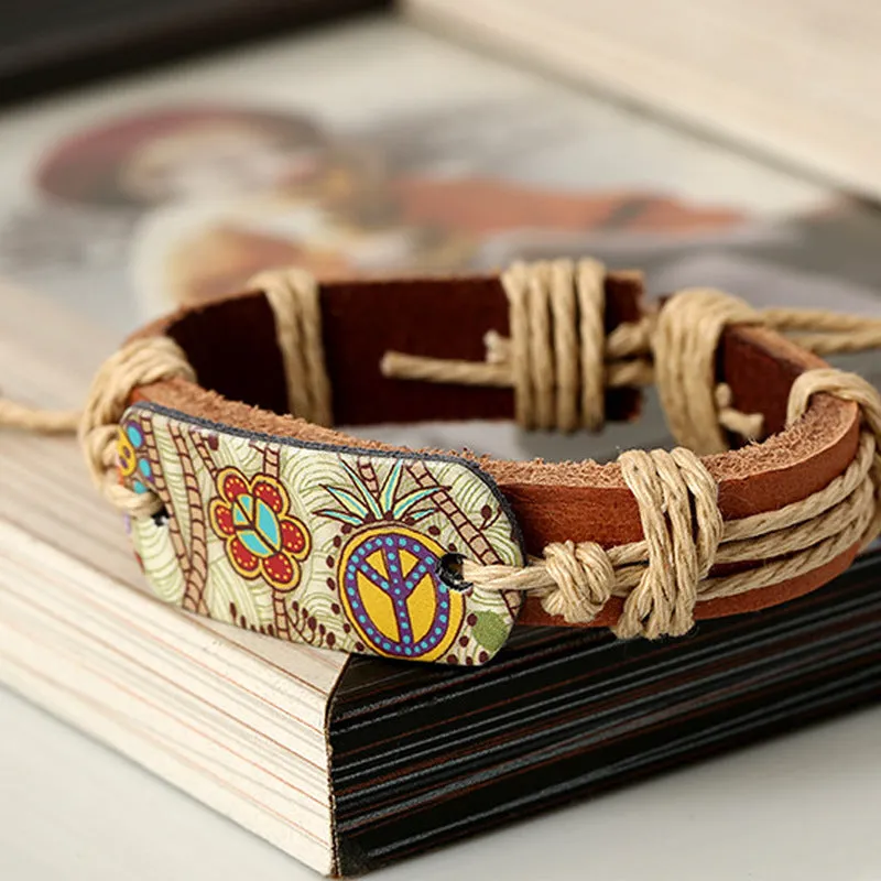 Popular Ornament Hemp Rope Braided Leather Leather Bracelet Retro Style Heat Transfer Patch Peace Logo Leather Bracelet