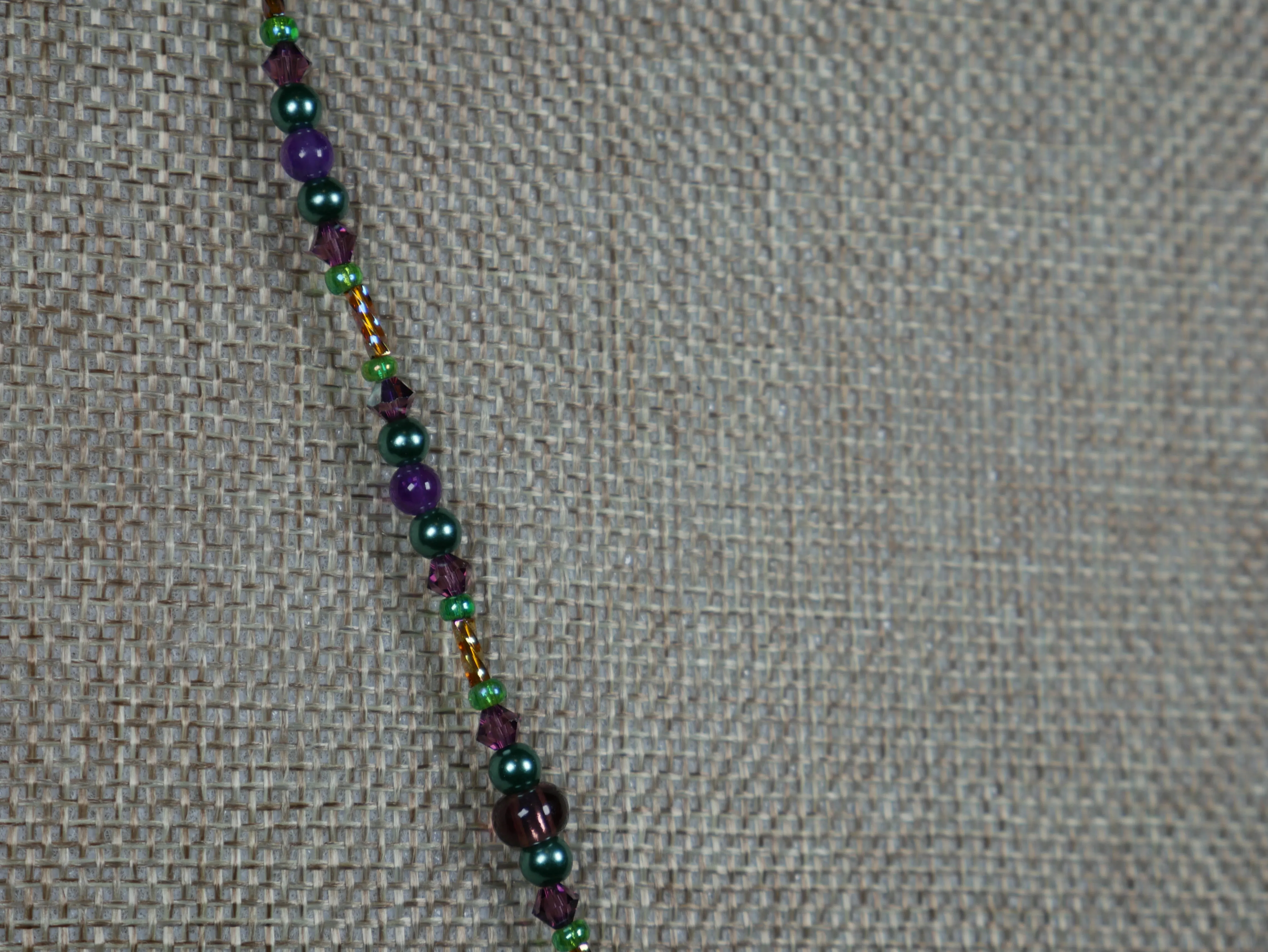 Purple, Green and Gold Beaded Necklace with Bicone Crystals and Crystal Encrusted Accent Bead