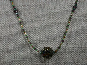 Purple, Green and Gold Beaded Necklace with Bicone Crystals and Crystal Encrusted Accent Bead