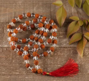 RUDRAKSHA & CLEAR QUARTZ Crystal Necklace, Mala - Handmade Jewelry, Beaded Necklace, Healing Crystals and Stones,  E0432